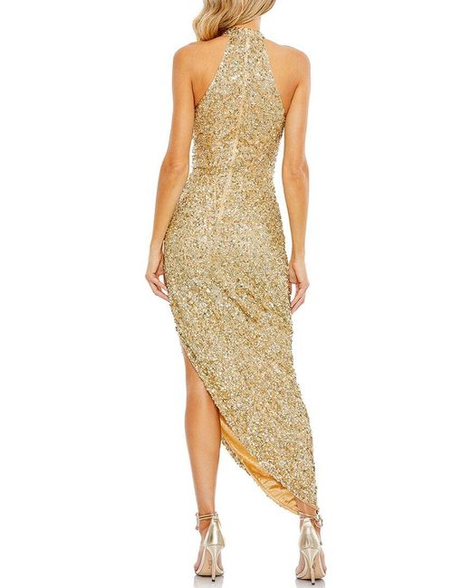 Mac Duggal Metallic Sequined High Neck Keyhole Asymmetrical Gown