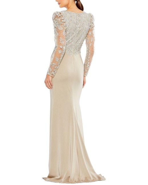 Mac Duggal White Embellished Faux Wrap Illusion Puff Sleeve Gown