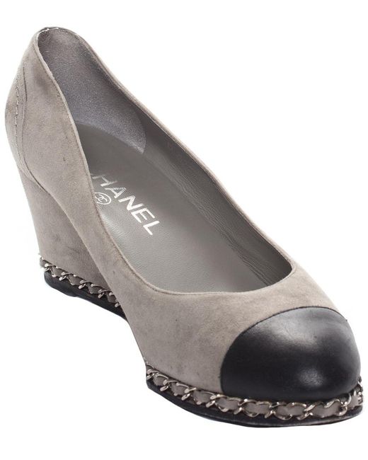 Chanel Gray Suede Black Leather Cap Toe Chain Trim Wedges (size 38