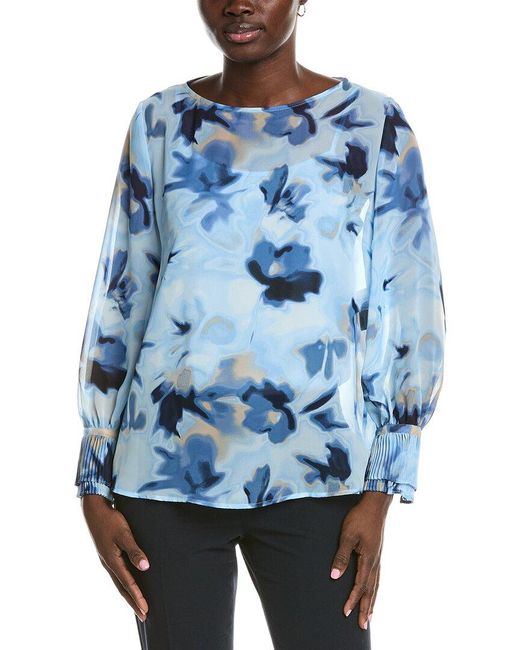 Anne Klein Blue Printed Chiffon Pleated Cuff Shirt