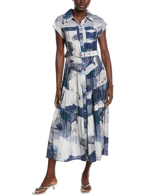Gracia Blue Cloud Print Sleeveless Belted Shirtdress