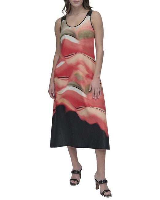 DKNY Red Border Print Shirt Dress