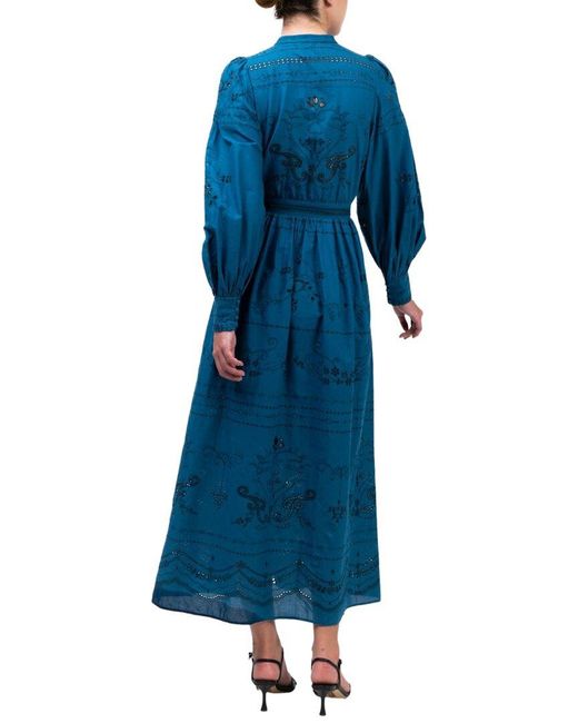 Marchesa Blue Notte Embroidered Cotton Voile Tiered Maxi Dress