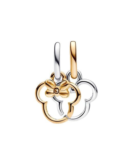 Pandora Metallic X Disney & 14K Plated Cz Mickey Mouse & Minnie Mouse Splittable Dangle Charm