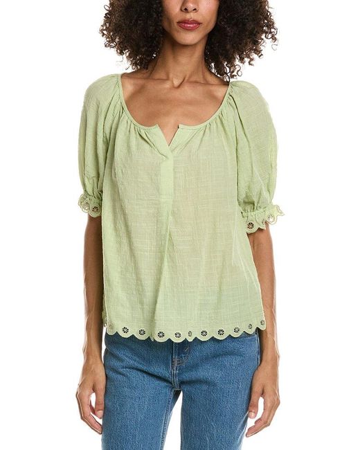 Max Studio Green Scallop Edge Bubble Sleeve Blouse