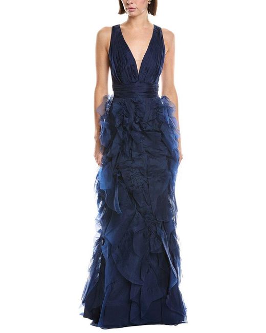 Marchesa Blue Sleeveless Deep V-Neck Silk Maxi Dress