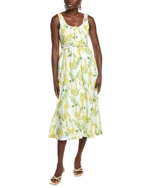 Maison Tara Yellow Printed Voile Sleeveless Midi Dress