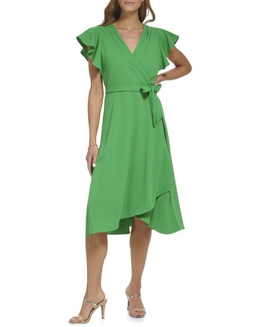 DKNY Green Flutter Sleeve Side Tie Dress