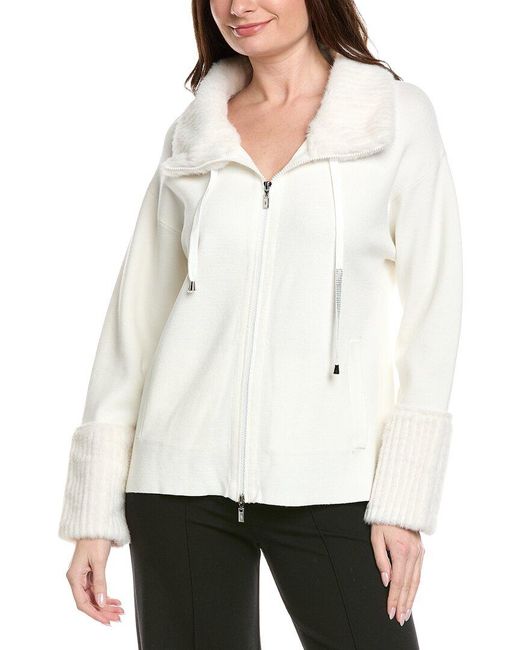 Joseph Ribkoff White Faux Fur Trim Zip Jacket