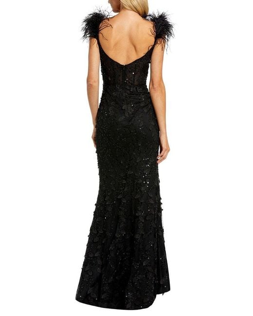 Mac Duggal Black Sheer Applique Bustier Gown With Feather Straps