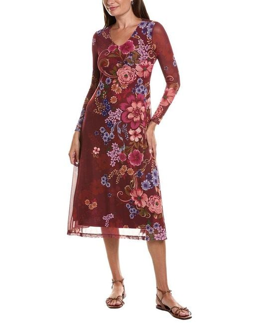 Johnny Was Red Petite Long Sleeve V-Neck Mesh Midi Dress