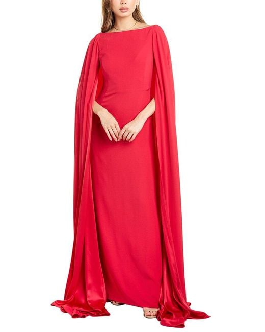 Carolina Herrera Red Bateau Neck Silk Sheath Cape Gown