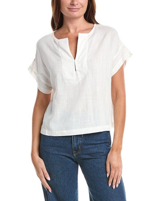 Max Studio White Short Sleeve Split Neck Linen-Blend Top