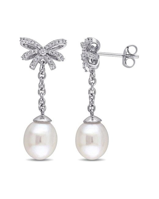 Pearls White 10k 0.21 Ct. Tw. Diamond 8-8.5mm Pearl Dangle Earrings
