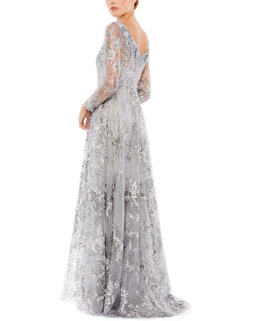 Mac Duggal White Floral Embroidered Illusion Long Sleeve Gown
