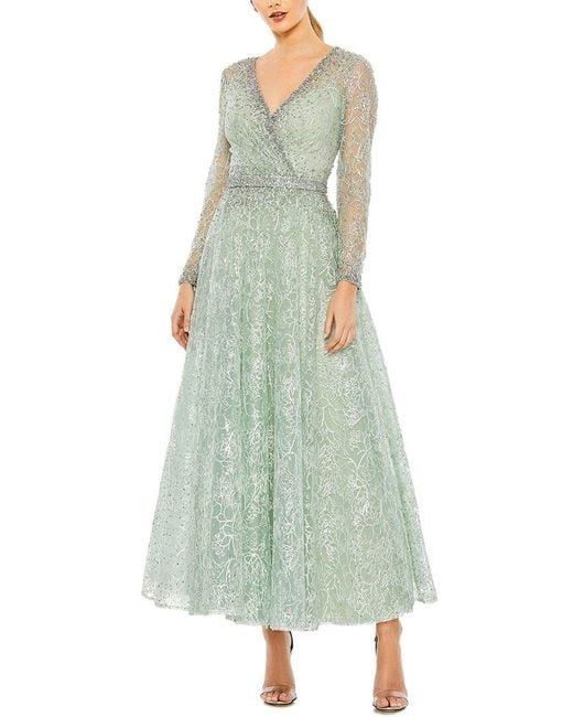 Mac Duggal Green Embellished Wrap Over Long Sleeve Midi Dress