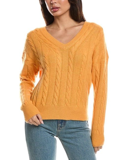 Forte Orange Fashioned Cable V-Neck Cashmere Sweater
