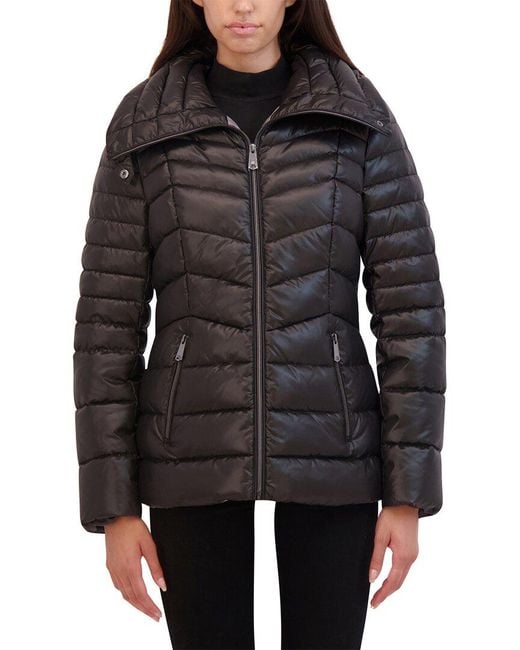 Kenneth Cole Black Chevron Quilted Cire Puffer Coat