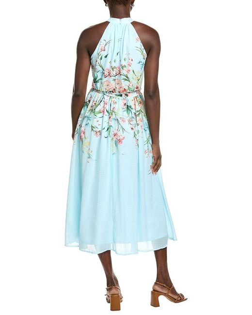 Maison Tara Blue Crinkle Grid Chiffon Sleeveless Midi Dress