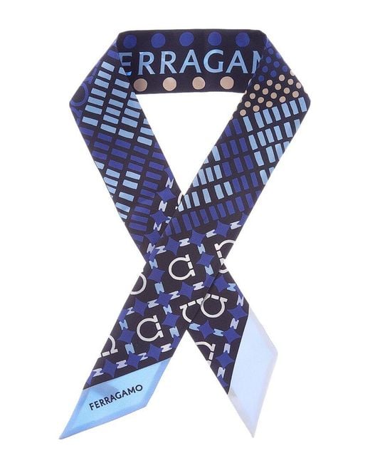 Ferragamo Blue Salvatore Logo Printed Silk Scarf