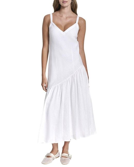 DKNY White Shirred Linen Dress