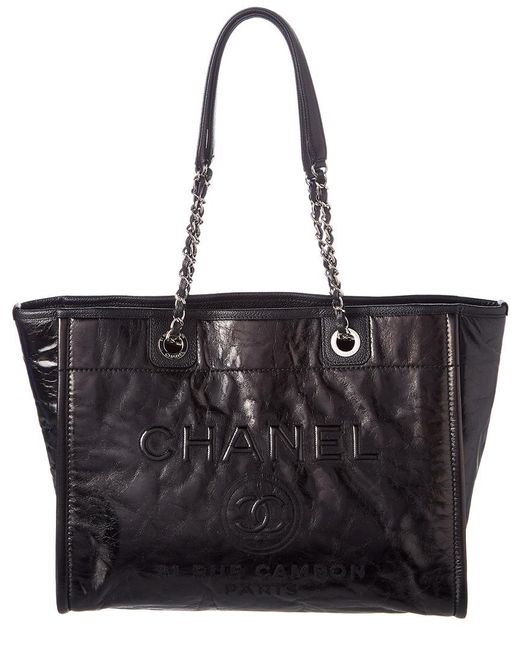 Chanel Black Glazed Calfskin Leather Large Deauville Tote