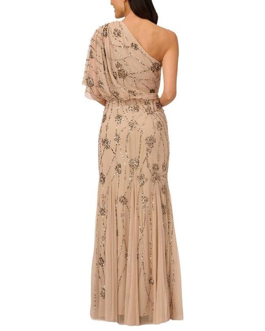 Adrianna Papell Natural One Shoulder Beaded Blouson Mermaid Gown