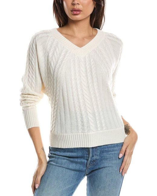 Forte White Diagonal Cable V-Neck Cashmere Sweater