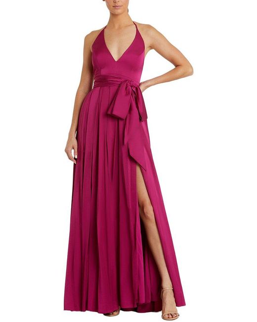 Mac Duggal Purple Charmeuse Halter Strap Soft Tie Waist Gown