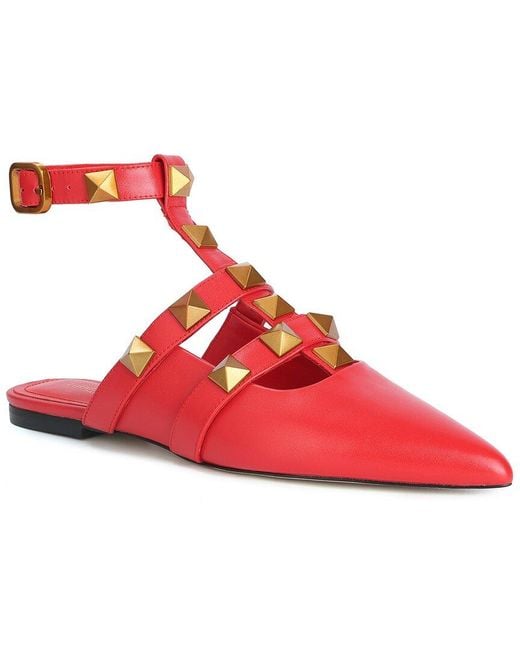 Tiffany & Fred Paris Red Studded Leather Pointy-Toe Ankle Strap Flat