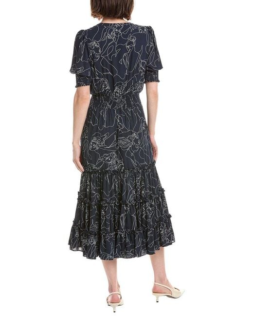 Tahari Blue Elbow Sleeve Split Neck Tiered Dress