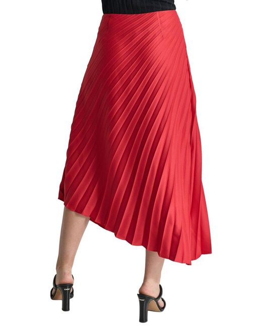 DKNY Red Asymmetrical Pleated Satin Skirt