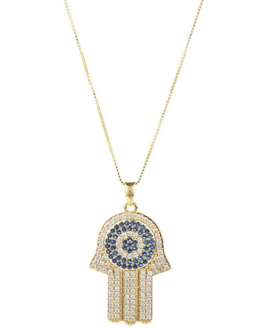Eye Candy LA Metallic Silver Cz Blue Hamsa Pendant Necklace