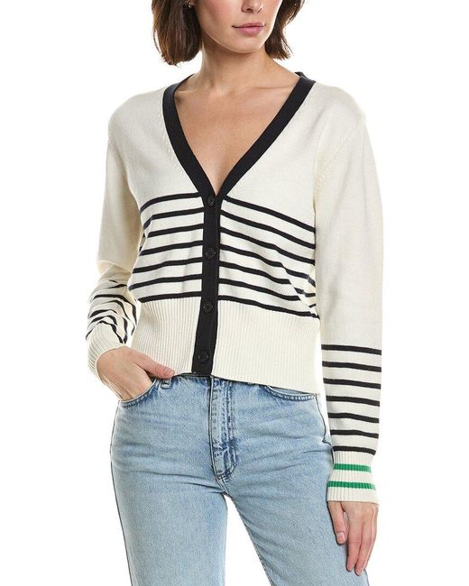 Brodie Cashmere White Irregular Stripe Cashmere-Blend Cardigan