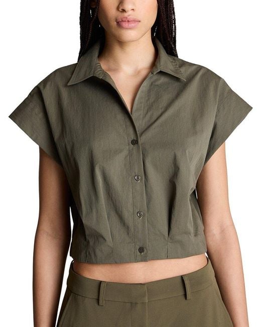 Kenneth Cole Green Cropped Y Neck Button Front Blouse