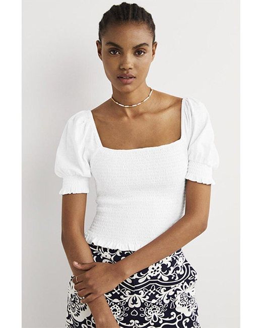 Boden White Square Neck Smocked Jersey Top
