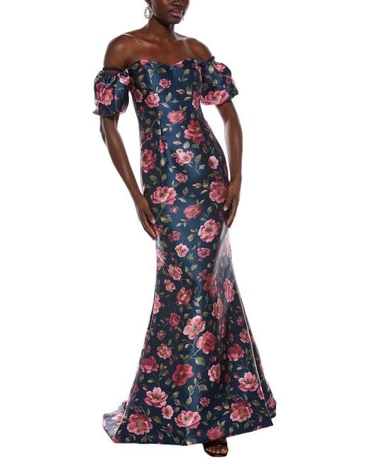 Rene Ruiz Purple Off-The-Shoulder Sculpted Bodice Puff Sleeve Gown