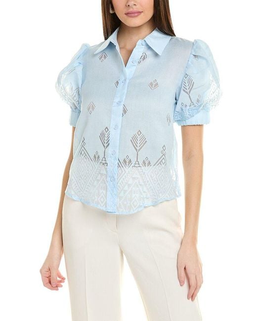 Gracia Blue Sheer Graphic Puff Sleeve Shirt