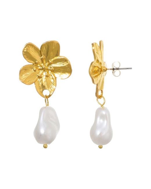 Adornia Metallic Tarnish Resistant 18K Plated Statement Flower With Pearl Drop Earrings