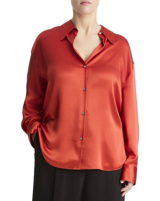 Vince Shaped Collar Silk Blouse in Red | Lyst