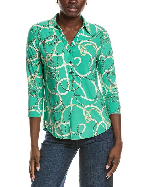 Jones New York Green 3/4-Sleeve Popover Printed Ity Jersey Top