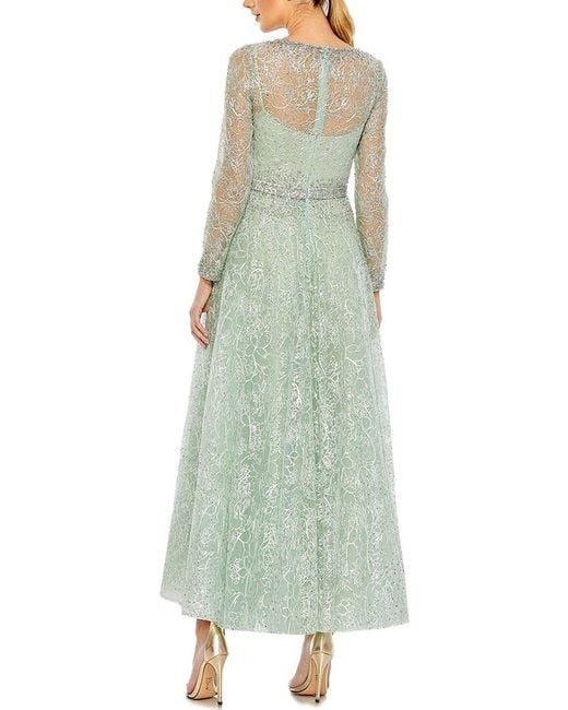 Mac Duggal Green Embellished Wrap Over Long Sleeve Midi Dress