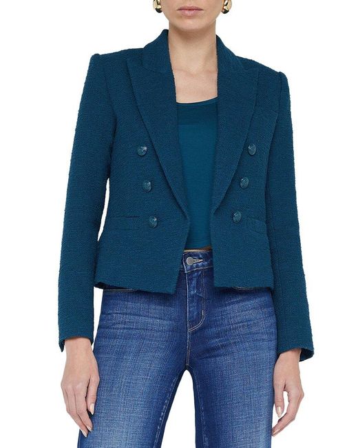 L'Agence Blue Brooke Double-Breasted Crop Blazer