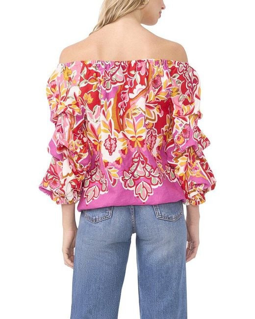 Vince Camuto Red Off Shoulder Balloon Sleeve Linen-Blend Top