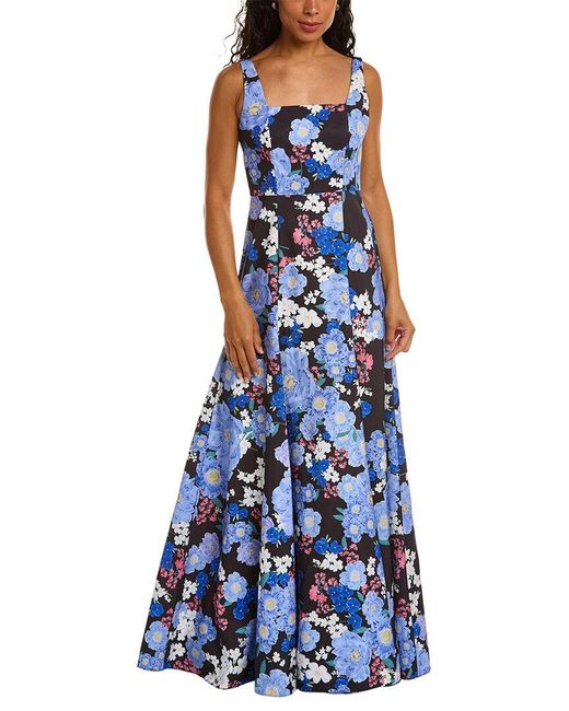 Zac Posen Blue Floral-print Square-neck Woven Maxi Dress