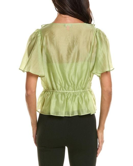 Vince Camuto Green V-Neck Double Ruffle Button-Down Shirt