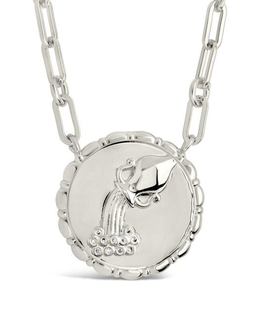 Sterling Forever White Rhodium Plated Cz Bold Link Aquarius Zodiac Necklace