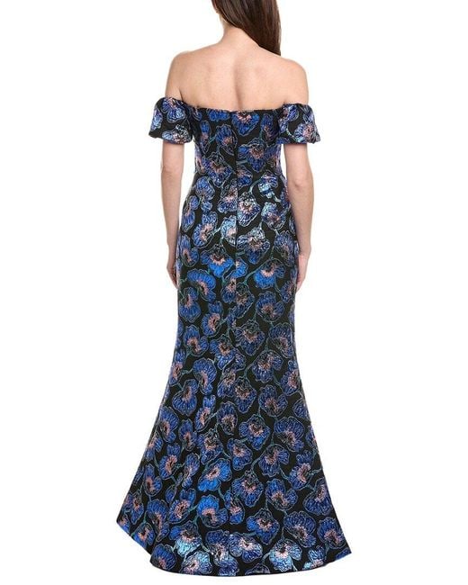 Rene Ruiz Blue Off-The-Shoulder Printed Mikado Column Gown