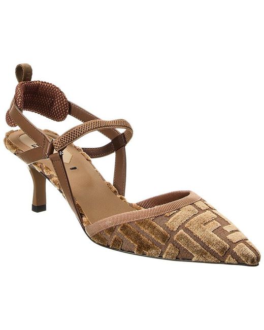 Fendi Brown Colibri Lite Ff Jacquard Velvet Slingback Pump