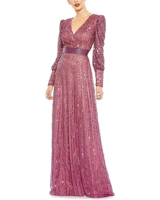 Mac Duggal Purple Sequin Mesh Wrap Over Bishop Sleeve A-Line Gown